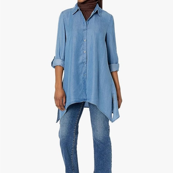 Zac & Rachel Tops - Zac & Rachel Extra Long Button Front Collared Blouse Tab Sleeves tunic M…